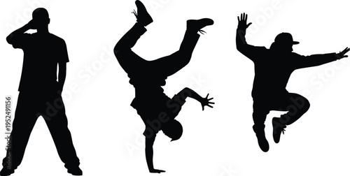Silhouette of young men breakdancing and jumping, urban street dance poses, parkour action, hip hop culture, active lifestyle, and performance