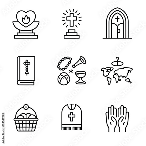 Christian ministry and church ritual linear icons set