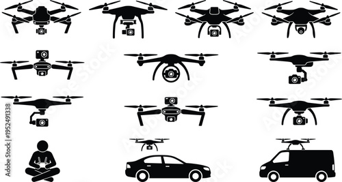 Drone silhouette icon collection featuring quadcopters with cameras, aerial technology devices, minimal black design, modern surveillance, delivery and photography concept illustration set