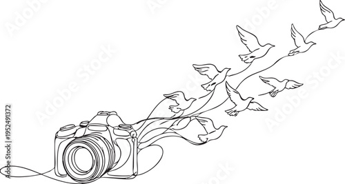 Camera with birds flying out of it in a creative line drawing