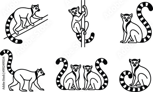 Lemur outline icon collection with various poses, primate animal illustration set, minimal line art design, wildlife symbols isolated on white background