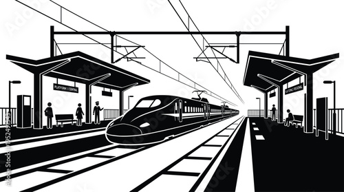 High speed train arriving at railway station platform, modern public transport concept, passenger travel scene, minimal black silhouette design, urban transit illustration