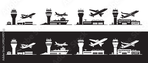 Airport Icons Set. Air Traffic Control Tower, Airplane, Terminal Building & Aircraft Carrier.