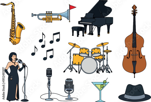 Collection of musical instruments and jazz club elements, including saxophone, piano, drums, double bass, trumpet, microphones, and a woman singing, evoking a lively jazz performance atmosphere