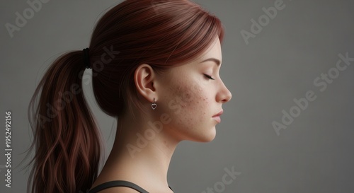 Young Woman with Acne and Heart Earring in Profile