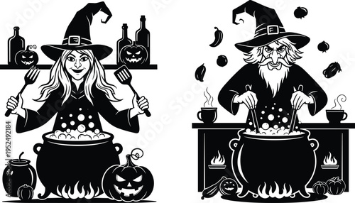 Halloween witch and wizard cooking potion silhouette set with cauldron, pumpkins and spooky kitchen scene for magical horror theme design