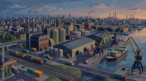Stylized illustration of a busy industrial harbor at sunset, featuring a cityscape, cargo ship, cranes, warehouses, and transportation networks.