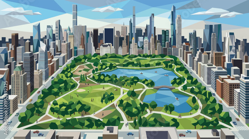 A stylized, geometric illustration of New York City's Central Park, with a high-angle view of the lush green space contrasting against the iconic Manhattan skyline.