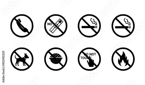 Prohibition Signs Vector Collection for No Phones, Littering, Smoking, Pets, Food, Touch, Fire