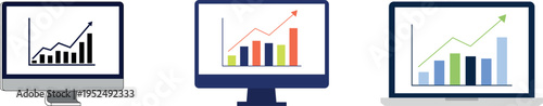 Computer screen displaying various financial growth charts and analytical trend data graphs vector illustration isolated on transparent background