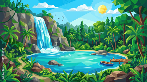 A vibrant low poly illustration of a cascading waterfall flowing into a tranquil blue lagoon in a lush, sunny tropical jungle.