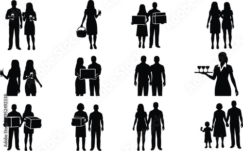 People silhouette collection featuring couples, families, delivery activities, and social lifestyle interactions in clean minimal black vector design