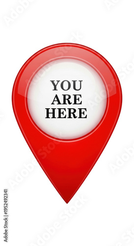 A red location pin with a white center that says you are here isolated on transparent background