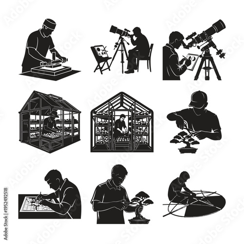 Silhouette set bundle of crafts and hobbies on white background