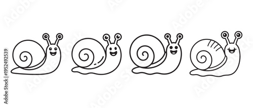 Cute Cartoon Snails in Black Line Art, a Simple Vector Illustration Set on White Background.