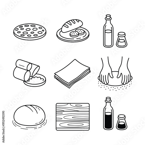 Baking and bread preparation line art icons with dough flour and ingredients