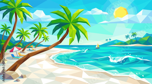 A vibrant, low-poly illustration of an idyllic tropical island beach with palm trees, turquoise ocean waves, white sand, and a bright sun, evoking a feeling of summer vacation.