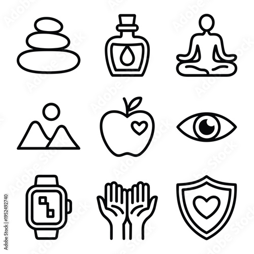Wellness and health line icons including stacked stones, essential oil, meditation, mountains, apple, eye, smartwatch, hands, and shield