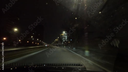 Night Driving Through City Streets Urban Road Low Light View