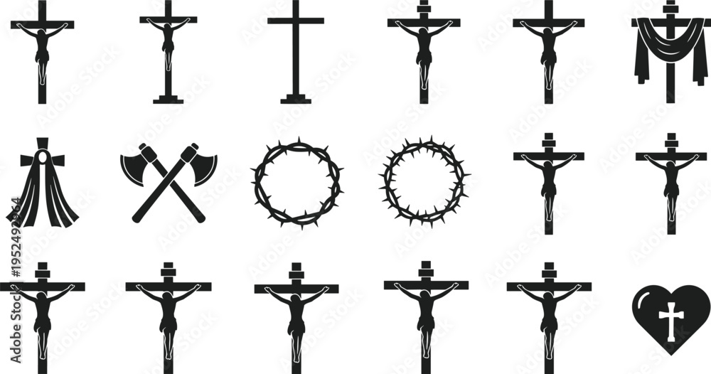 Fototapeta premium Set of Christian icons featuring crucifix symbols, crown of thorns, shroud, and heart for Good Friday, Easter, religious branding, church worship, and spiritual design.