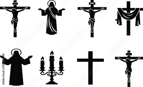 Set of Christian icons featuring crucifix symbols, Jesus Christ silhouettes, candelabra, and shroud for Good Friday, Easter Sunday, church branding, and religious worship projects.