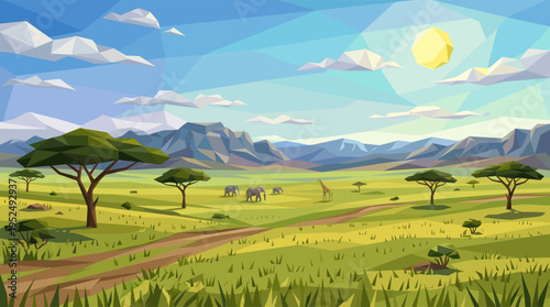 A vibrant low poly illustration of an African savanna landscape with elephants and a giraffe grazing under a sunny sky.