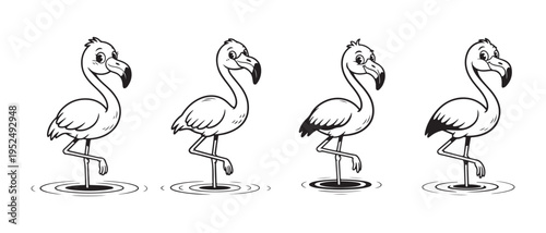 Playful cartoon flamingos standing on one leg in shallow water, a charming black and white line art illustration.