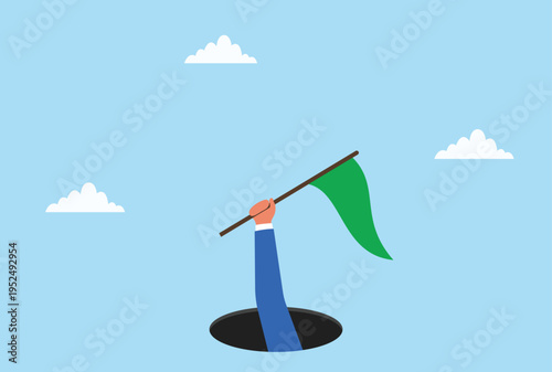 Vector illustration of a hand emerging from a hole holding a flag, symbolizing victory, achievement, and claiming success, minimal and modern design

