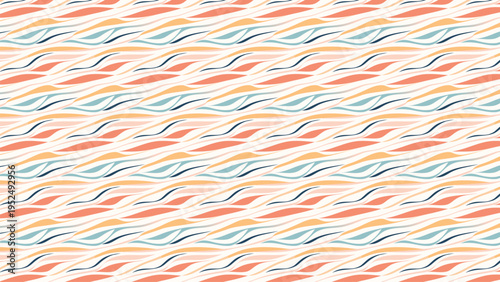 A seamless abstract pattern featuring wavy, elongated shapes in pastel orange, blue, and yellow on a cream background, creating a gentle and organic design.