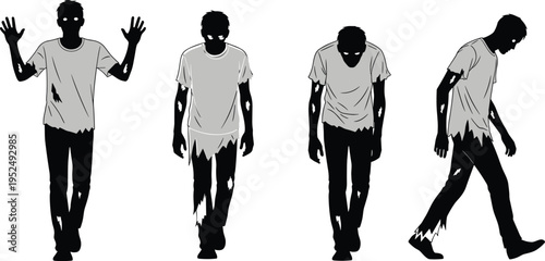 Zombie walking sequence illustration featuring creepy undead character poses, torn clothes, and horror themed movement in detailed silhouette style