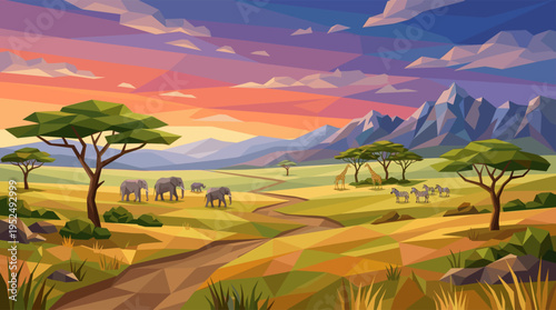 A vibrant low poly illustration of an African savanna landscape at sunset with elephants, giraffes, and zebras roaming near mountains.
