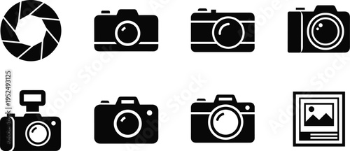 Camera and photography icon set featuring shutter symbol, photo cameras, and gallery frame elements in bold black silhouette design