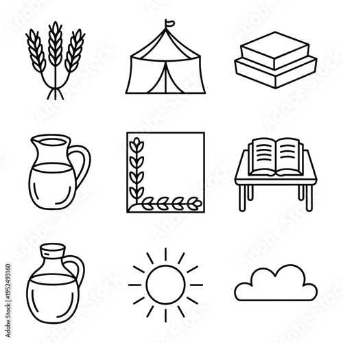 Symbols for jewish holiday shavuot with wheat stalks, milk jug and sun