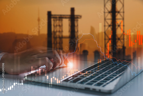 Professional analyzing global energy crisis and oil price spikes. oil pumpjack,  and financial charts. supply chain disruption, and economic inflation impact on world energy markets.