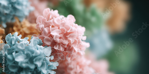 Beautiful serene nature macro showing gentle pastel pink flower and soft blue blossom blending perfectly evoking peaceful romantic feeling for elegant floral background design elements