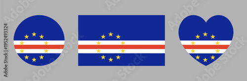 Cape Verde flag rectangular, round, heart shaped icons, stickers. National sign templates. Flag of Cape Verde button, banner, badge. Circular, rectangle, heart symbols.