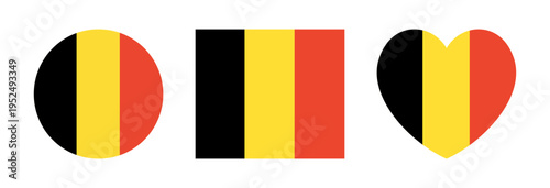 Flag of Belgium icons. National Belgian round, rectangular, heart shaped flag badges. Circular Belgian Flag stickers. Button, banner, sign in circle, rectangle, heart shapes.