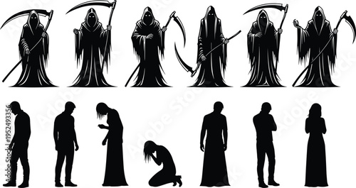 Grim reaper and human emotion silhouette set featuring death figure with scythe and people expressing sadness, fear, and despair