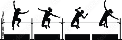 Athlete high jump silhouettes sequence, track and field sport action, athlete jumping over bar concept isolated on white background illustration