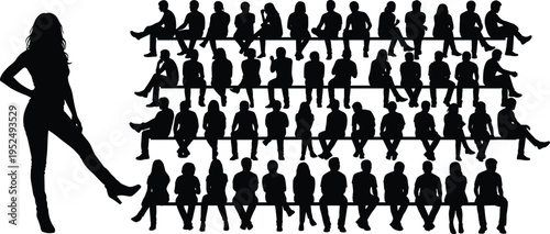 Audience people sitting silhouette collection on benches, crowd spectators in different poses with standing woman figure, public event concept