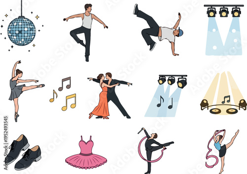 Set of dance-related icons including ballet dancers, hip-hop performers, disco ball, spotlights, and dance shoes