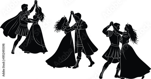 Romantic couple dancing silhouette set featuring elegant ballroom poses, love theme, and graceful movement in classic fairytale style design