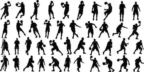 Basketball player silhouettes collection with dribbling shooting jumping and passing actions, sport athlete black vector illustration set