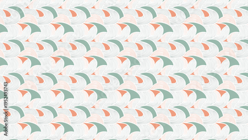 Seamless abstract pattern with curved shapes in light green and peach on a white background, creating a soft and repetitive design.