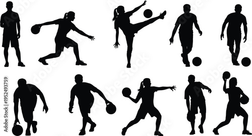 Basketball player silhouettes collection, men and women dribbling shooting poses set, sport action figures isolated vector