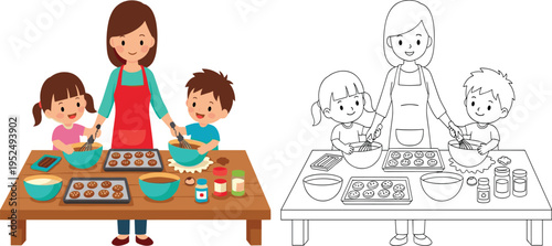  Mother and children baking cookies at kitchen table, flat vector illustration, coloring book page, family bonding, education, homemade, creative childhood.