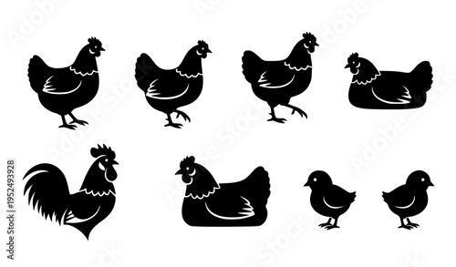 A set of black silhouettes of chickens and roosters on a white background