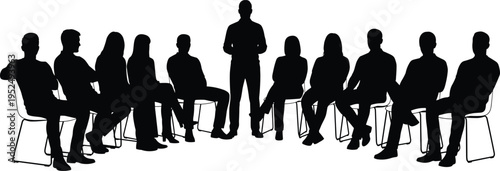 Business meeting people silhouettes set, group discussion sitting on chairs with speaker presentation, teamwork conference vector illustration