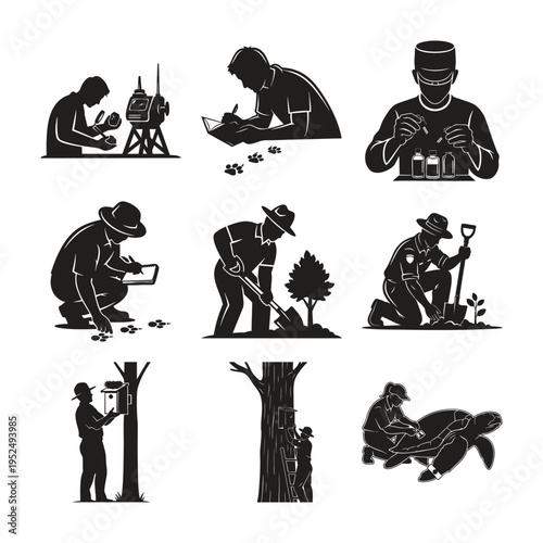 Wildlife conservation and nature research silhouette set bundle icons