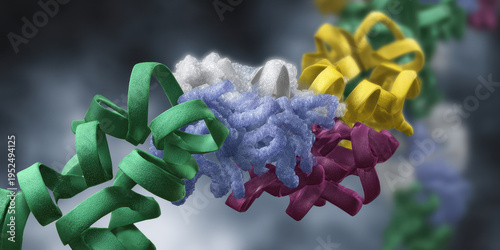 Colorful dynamic protein molecule structure displaying fascinating biological science chemistry in an abstract microscopic ribbon diagram background showing intriguing cellular complexity